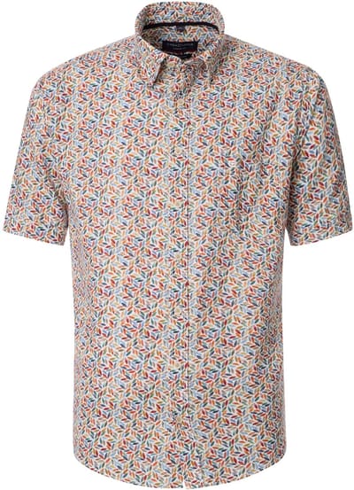 CASA MODA Sport casual fit overhemd - korte mouw - structuur - donkerblauw - wit en beige dessin