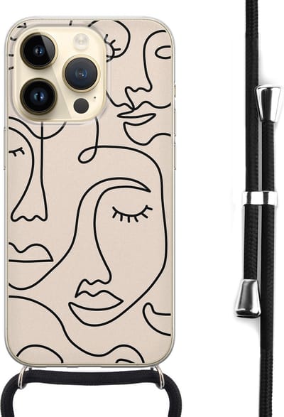 Hoesje met koord - Geschikt voor iPhone 14 Pro - Abstract faces - Verstelbaar zwart koord - Transparant, Beige - Print / Illustratie - Leuke Telefoonhoesjes