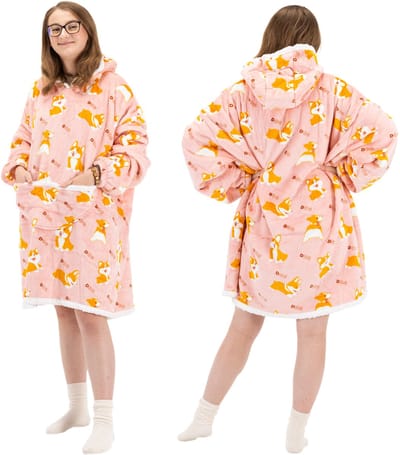 Springos Hoodie Deken | Badjas | Deken Met Mouwen | One Size | Honden | Polyster | Roze | Bruin | Wit
