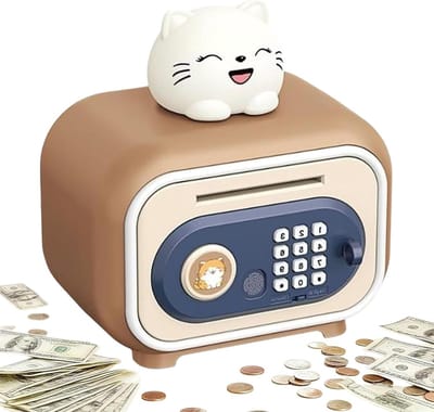 Spaarpot Kluis - Elektronische Spaarpot Kinderbank - Geld Leren Besparen - Wachtwoord Vingerafdruk Ontgrendeling - 24x16x18 cm - Bruin