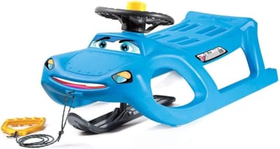 Kinder slee - Sneeuwscooter speelgoed - Winterpret buiten - Met stuur en claxon - 91 cm lang - Blauw