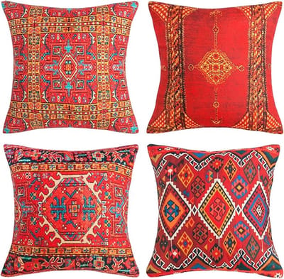 Famanu - Kussenhoes 40 x 40 cm boho abstract geometrisch outdoor kussen decokussen kussenhoes rood retro turks tapijt patroon linnen kussenslopen voor bank slaapkamer woonkamer set van 4