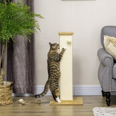 MEUNIQ Krabpaal 38 x 38 x 80 cm met sisal krabstam en hangend speeltje, kattenkrabpaal met pluche afwerking en vierkante voet voor binnen, beige en naturel