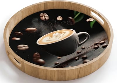 Dienblad rond 40x40 cm - Schootdienblad hout - Cappuccino - Kop - Bonen - Bruin - Borrelplank rechthoek - Plateau houten dienbladen