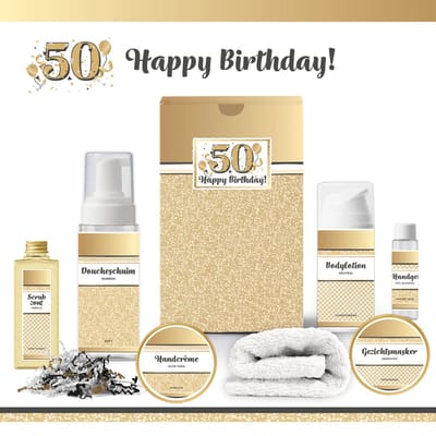 Geschenkset “50 Jaar Happy Birthday!” - 7 producten - 650 gram | Giftset voor haar - Luxe wellness cadeaubox - Cadeau vrouw - Gefeliciteerd - Set Verjaardag - Geschenk jarige - Cadeaupakket moeder - Vriendin - Zus - Verjaardagscadeau - Goud