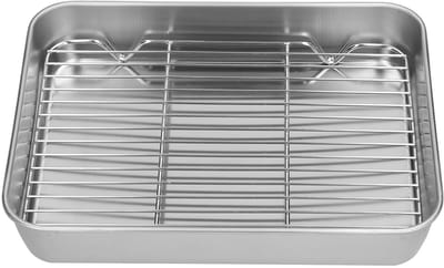 Dailygoods- Braadpan Roestvrij Staal - Rechthoekige Bakvorm - Antiaanbaklaag - Bakvorm met Rek - Geschikt voor Oven/Barbecue - 23,5x17,5x5 cm