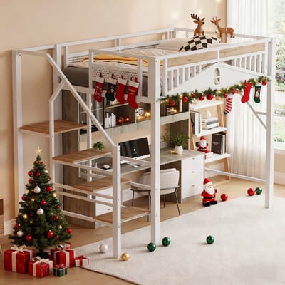 Komhtom Metalen hoogslaper 140 x 200 cm, unieke vorm met raamdesign, met veiligheidsladder, veel opbergruimte onder het bed, wit