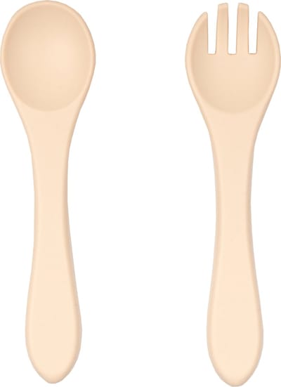 Jikkies Siliconen Kinderbestek Set - Peuter Bestek - Lepel & Vork - Beige- Veilig - Getest op EN-norm - Duurzaam - Kindvriendelijk - 100% Siliconen - Vaatwasserbestendig - Magnetronbestendig - Oefenbestek - Ergonomisch bestek