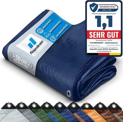 FLOORDIREKT Dekzeil - Stoffen Dekzeil - Beschermhoes - Bootzeil - Tentonderzeil voor Camping & Outdoor - Waterdicht - Met Zeilogen - 80 g/m² - Blauw - 3 x 5 m