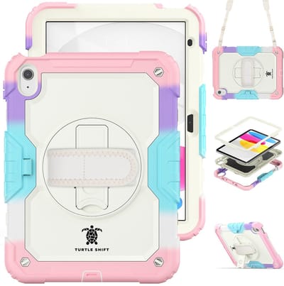 Turtle Shift Hoes met Screenprotector - Geschikt voor iPad 11 (A16) en iPad 10 - 2025 en 2022 - 10.9 Inch - Schouderriem - Draaibare Standaard met Apple Pencil Houder - Regenboog