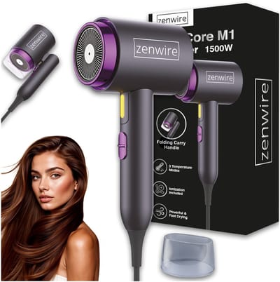 Reisföhn Zenwire ShineCore M1 1500W met Ionisatie - Opvouwbare Mini Haardroger, Compacte Föhn voor Reizen, Vakantie & Sportschool, Lichtgewicht, Temperatuurregeling, Concentrator Mondstuk, Zwart-Paars