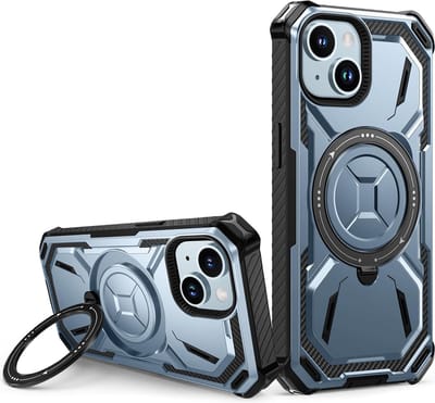 Casemania Hoesje Geschikt voor Apple iPhone 15 Plus - Blauw - Kickstand Ring Back Cover - Geschikt voor MagSafe