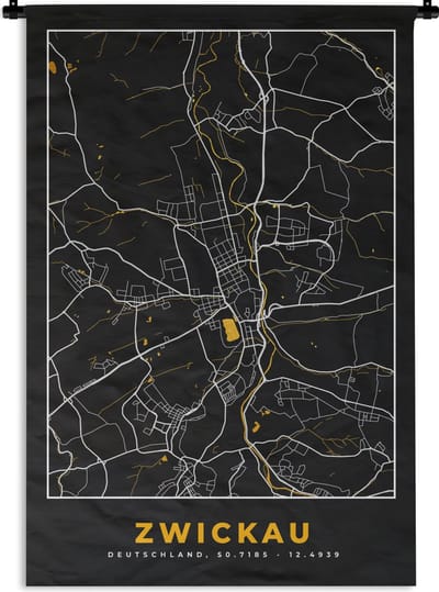Wandkleed - Wanddoek - Stadskaart – Plattegrond – Duitsland – Goud – Zwickau – Kaart - 120x180 cm - Wandtapijt