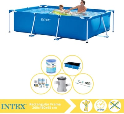 Intex Rechthoekig Frame Zwembad - 260 x 160 x 65 cm - Blauw - Inclusief Solarzeil - Onderhoudspakket - Zwembadfilterpomp - Filter - Stofzuiger - 6-delig