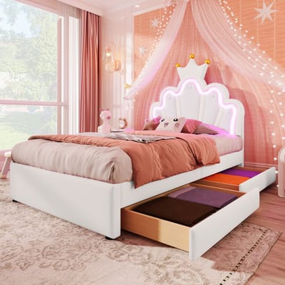 SINGULARITY-Gestoffeerd bed- 90 x 200 cm- sfeerverlichting- bed met 2 lades- prinsessenbed in kroonvorm- verstelbaar hoofdeinde- PU- ​​wit- zonder matras