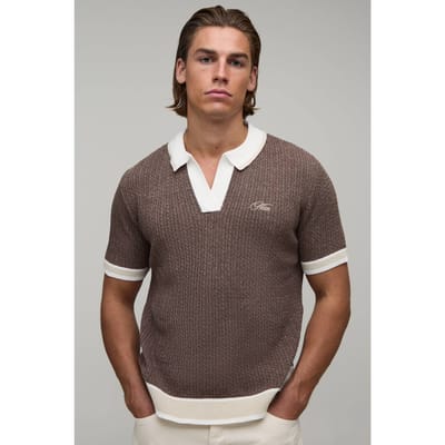 Heren Boxy Kabel Geborduurde Gebreide Polo | Brown | Size Small