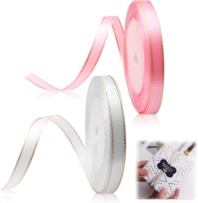 Satin Lint in Wit en Roze, 10mm x 22m, Decoratief Lint met Gouden Versieringen voor Trouwen, Cadeauverpakking en Bloemstukken