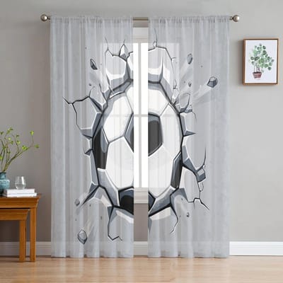 Rideaux en Tulle Translucide Motif Croquis de Football, idéaux pour la Décoration du Salon, Rideau pour Ouverture de Fenêtre de Chambre à Coucher, Rideaux en Voile Organza W135 x H115cm x1&Grommet Top