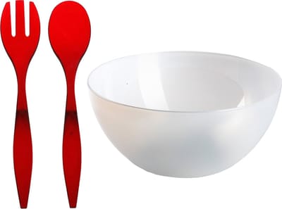 Plasticforte Salade/sla serveerschaal - transparant - kunststof - D28 cm - met sla bestek - rood - 29 cm