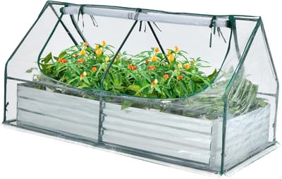 KOMFOTTEU 2-in-1 broeikas met tuinbed, broeikas met metalen plantenbak en pvc-afdekking, tuinhuisje met 2 ramen voor tuin en achtertuin