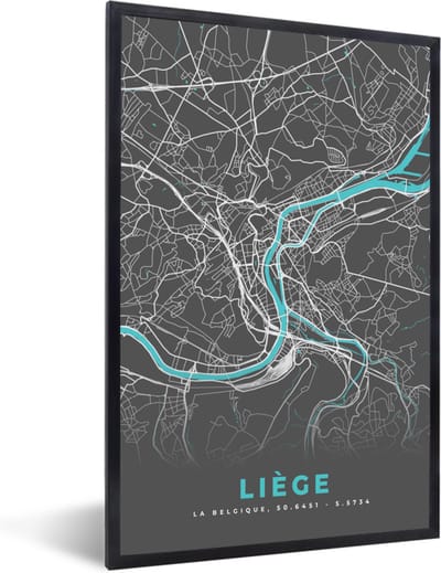 Fotolijst incl. Poster - Kaart – Plattegrond – Stadskaart – Liège – België - Grijs - 40x60 cm - Posterlijst