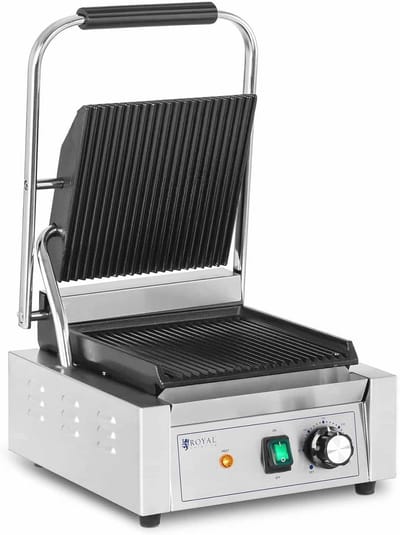 Contactgrill 1800W - Sandwichgrill met Geribbeld oppervlak, Temperatuurinstelling 50-300°C, 23x22 cm, Roestvrij staal en Gietijzer, Inclusief Lekbak