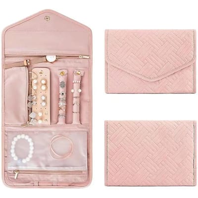 Opvouwbare Draagbare Reizen Sieradentas Voor Ketting Oorbellen Ringen Sieradenkoffer Organizer Reis Opbergtassen Voor Vrouwen Meisjes roze