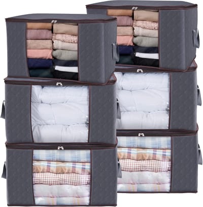Famanu - 90 l kastdozen, kledingdozen met grote inhoud, opbergdozen voor de kast voor dekbedden, verhuiskisten, opvouwbare tassen voor kleding, dekens, grijs