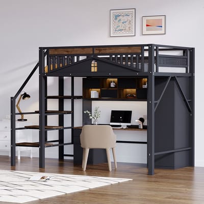 Komhtom Metalen hoogslaper 140 x 200 cm, unieke structuur met raam, met veiligheidsladder, grote opbergruimte onder het bed, zwart