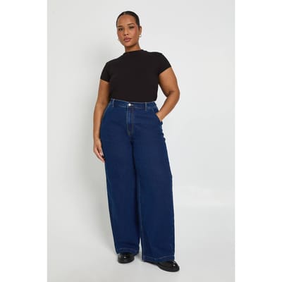 boohoo Dames Plus Elastische Achterkant Wijde Pijpen Jeans | Dark Indigo | Maat: 16