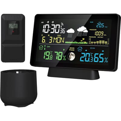 Draadloos weerstation 8-in-1 binnen-/buitenthermometer Temperatuur-vochtigheid Tijd Datum Radio EU Plug zwart
