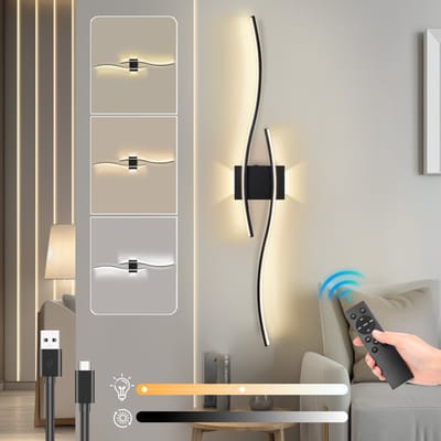 MUPOO Oplaadbare Wandlamp Binnen Zwart – Draadloze & Dimbare LED Wandlamp met Afstandsbediening – 3000K-6000K Kleurinstelling – USB-C – Moderne Muurlamp voor Woonkamer Slaapkamer Trap