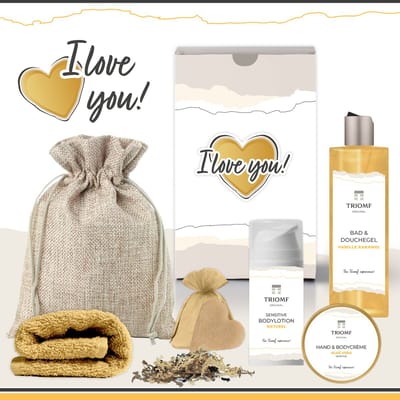 Geschenkset “I Love You!” - 6 producten - 530 gram - Triomf Cosmetica | Giftset voor haar Cadeau Valentijnsdag Luxe wellness cadeaubox Vrouw Ik hou van jou Cadeaupakket Kerst Geschenk Pakket Verjaardag Moeder Gift Set Valentijn Vriendin Geel