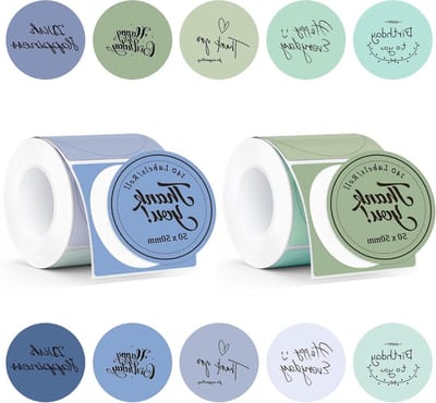 Thermische Labels 50mm x 50mm Rond, Zelfklevende Labels voor Bedrijf, Adres, QR Code - 140 Stuks per Rol (Blauw + Groen)