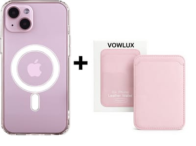 VOWLUX Compatible MagSafe Hoesje voor iPhone 15 Transparant – Inclusief Roze Wallet Pasjeshouder – 24 Magneten – Kunstleer – 3 Kaarten – Shockproof Case