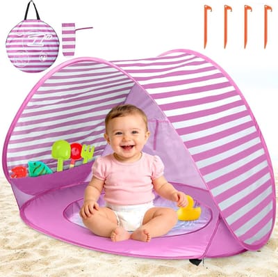 Pop up Strandtent Baby met Mini Zwembad - UV Bescherming UPF 50 Plus - Baby Tent voor Strand en Tuin - Lichtgewicht Schaduwdoek Peuter Inklapbaar - Zomerspeelgoed en Kraamcadeau Jongen en Meisje - Roze