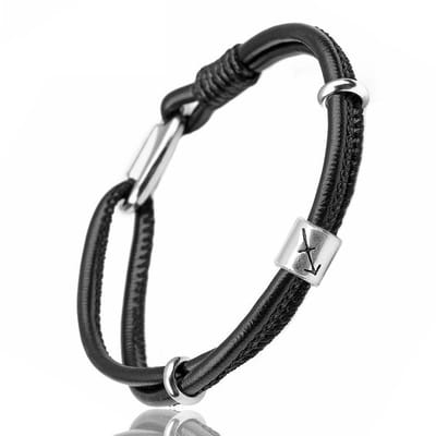 Boogschutter / Sagittarius - Leren Armband met Sterrenbeeld Hanger - Zwart Leer - Staal - Astrologie - Armbanden - Papa Cadeau Voor Mannen - Vaderdag