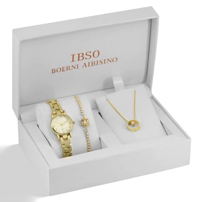 IBSO – Boerni Aibisino Luxe Goudkleurige Sieradenset voor Dames – Horloge + Armband + Ketting – Kristal Quartz – Cadeauset in Luxe Giftbox