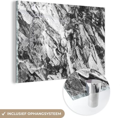 Glasschilderij zwart wit - Zwart - Wit - Graniet - Stenen - 150x100 cm - Foto op glas - Slaapkamer decoratie