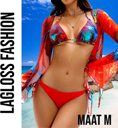 LaGloss® Rode Tye-dye print Bikini Set 3-delig – Met Cover-up – Halter & Striksluiting – Maat M
