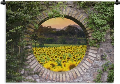 Wandkleed - Wanddoek - Doorkijk - Bloemen - Zonnebloem - 120x90 cm - Wandtapijt