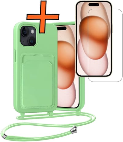 Hoesje Geschikt voor iPhone 15 Plus Hoesje Met Telefoonketting Pasjeshouder Case Met Screenprotector Koord - Hoesje Geschikt voor iPhone 15 Plus Hoes Met Kaarthouder - Groen