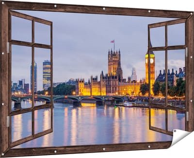 Gards Tuinposter Doorkijk London Big Ben en Westminster Brug - 180x120 cm - Tuindoek - Tuindecoratie - Wanddecoratie buiten - Tuinschilderij
