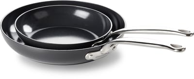 Greenpan Barcelona Aluminium Koekenpannenset 2-delig - Ø 20 en 28 cm – PFAS-vrij – Inductie Koekenpannenset – Ovenbestendig tot 220°C – Vaatwasserbestendig – Snelle opwarming – RVS handgrepen - Zwart