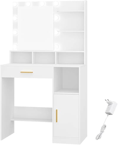 Dressing Table – Voor Slaapkamer en Make-up – Kaptafel met Spiegel, 10 LED-Lampen, 3 Planken, 4 Open Vakken en Grote Lade – Wit