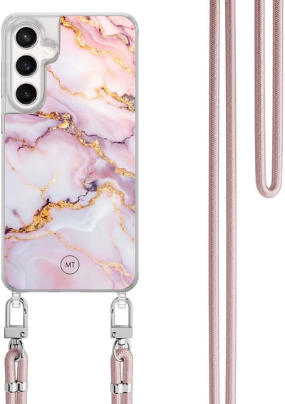 Hoesje met koord geschikt voor Samsung Galaxy S24 FE - Marble pink - Inclusief Rosegoud koord - Crossbody beschermhoes - Transparant, Multi - Mooie Telefoonhoesjes