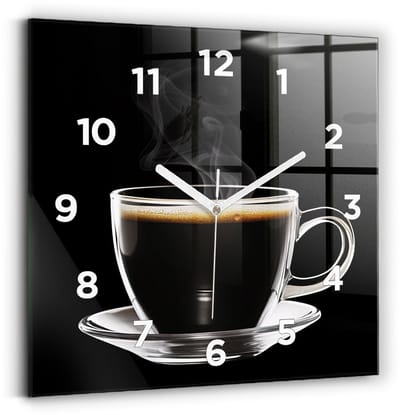 Wallfluent Wandklok - Zwarte koffie Klok met Afbeelding - 30 cm x 30 cm - Zwart Wandklok - Witte Handen - Wandklok Met Cijfers - Stille Wandklok Slaapkamer - Vierkante Glas Klok - Minimalistisch Wandklok - Klok met Afbeelding