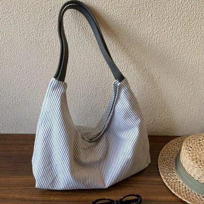 Sac Cabas Rayé Décontracté à Contraste Sac à Bandoulière Grande Capacité pour Femme Sac pour Étudiant et Trajet gray
