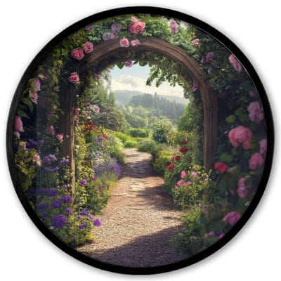 Poster in lijst Rond - Fotolijst 40x40 cm - Posters - Doorkijk - Landschap - Bloemen - Rozenboog - Natuur - Ronde posterlijst zwart - Decoratie - Wanddecoratie woonkamer - Muurdecoratie slaapkamer