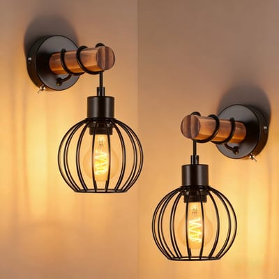 NETTLIFE Wandlamp 2 stuks - Hout - E27 Fitting - zwart - 14.5CM - Vintage Wandverlichting - met Schakelaar - industriële Wandspot - Metaal - voor Woonkamer | Slaapkamer | Gang | Restaurant | bed- Zonder lamp